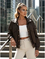 Dámska bunda z ekokože s rebrovaným lemom a golierom hnedá FashionStreet TY5645