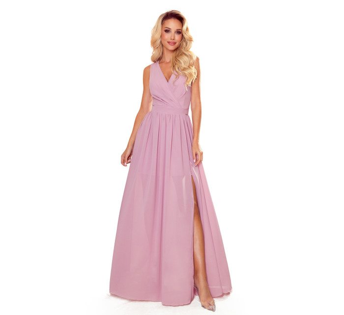 JUSTINE - Dlhé dámske šaty v púdrovo ružovej farbe s výstrihom a zaväzovaním 362-3