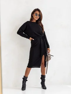 Černé elegantní dámské midi šaty s páskem (82137)