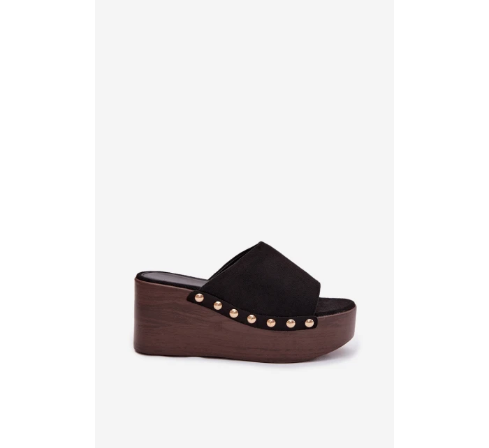 Dámské nazouváky na platformě se zlatými přezkami Eko semiš Černé Helivina Dámské nazouváky na platformě se zlatými přezkami Eko semiš Černé Helivina