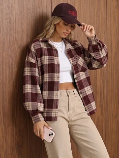 Dámska košelová bunda s kockovaným vzorom, oversize, vínová, FashionStreet TY6047