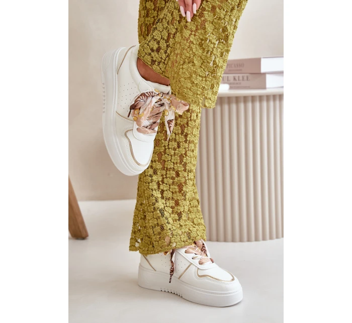 Sneakersy Damskie Na Platformie Z Ozdobnym Sznurowaniem Białe Mistra