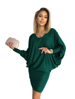 Dámske netopierie šaty vo fľaškovo zelenej farbe s výstrihom as brokátom 402-2
