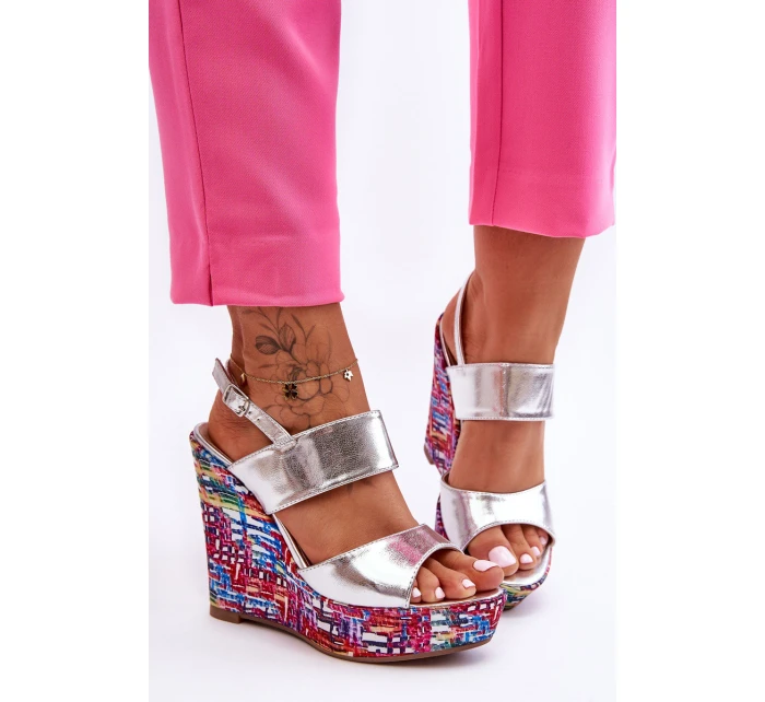 Damskie Sandałki Na Koturnie Srebrne Calderia Damskie Sandałki Na Koturnie Srebrne Calderia