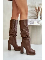 Wsuwane Kozaki Na Słupku I Platformie Z Marszczeniem Ocieplane Brązowe Beridra Wsuwane Kozaki Na Słupku I Platformie Z Marszczeniem Ocieplane Brązowe Beridra