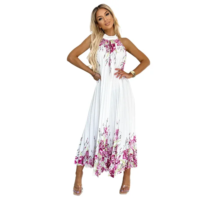 Bílé dámské plisované saténové maxi šaty se vzorem květů model 21883672 - numoco basic