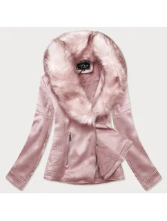 Dámska semišová bunda v púdrovo ružovej farbe s kožušinou (6502big)