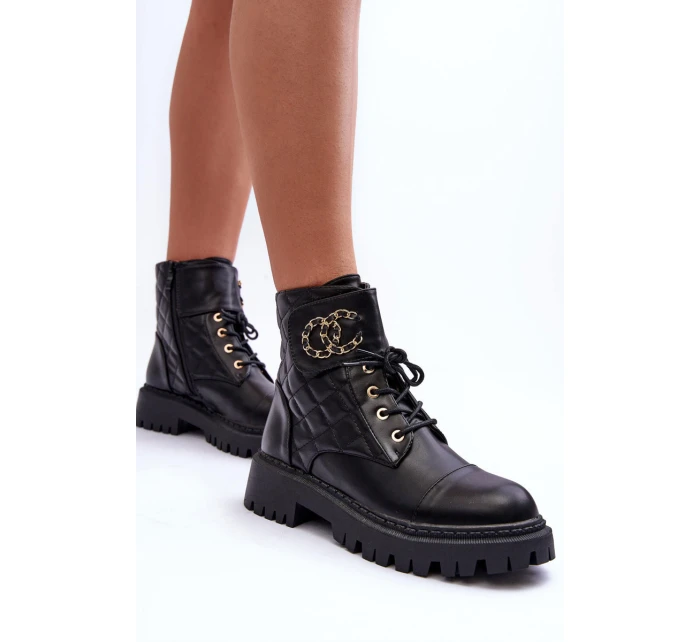 Workery Botki Damskie Z Ozdobą Czarne Toye Workery Botki Damskie Z Ozdobą Czarne Toye