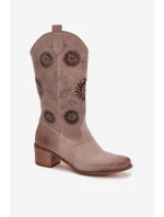 Zamszowe Skórzane Kozaki Damskie Z Ażurowym Wzorem Zazoo 3852 Cappuccino