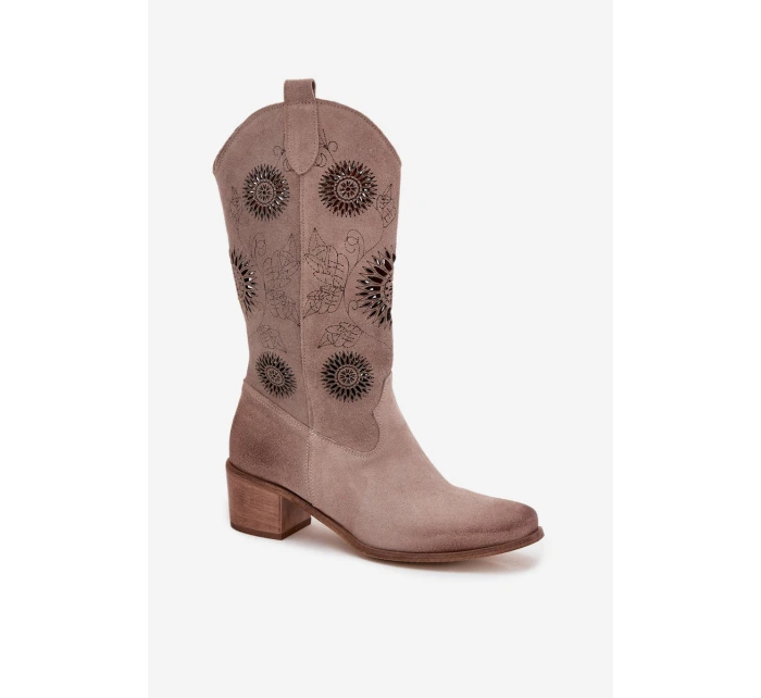 Zamszowe Skórzane Kozaki Damskie Z Ażurowym Wzorem Zazoo 3852 Cappuccino