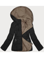 Čierno-béžová obojstranná dámska krátka bunda s kapucňou (16M2155-84)