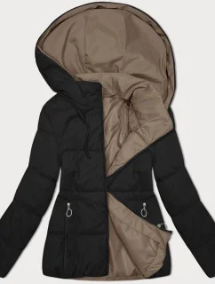Čierno-béžová obojstranná krátka dámska bunda s kapucňou (16M2155-84)