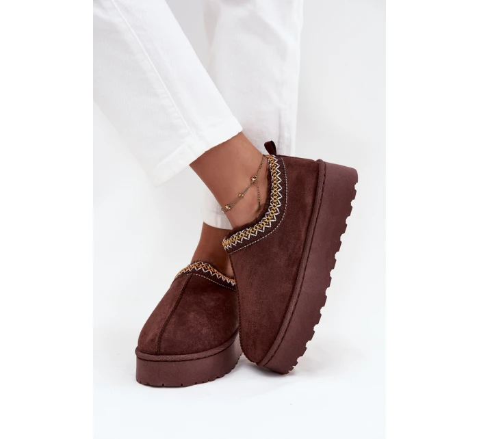 Dámske snehule Taliah s nízkou platformou a výšivkou - čokoládové