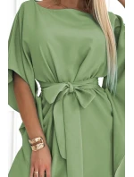 SOFIA Dámské šaty v olivové barvě se zavazováním v pase model 20144370 - numoco SOFIA Dámské šaty v olivové barvě se zavazováním v pase model 20144370 - numoco