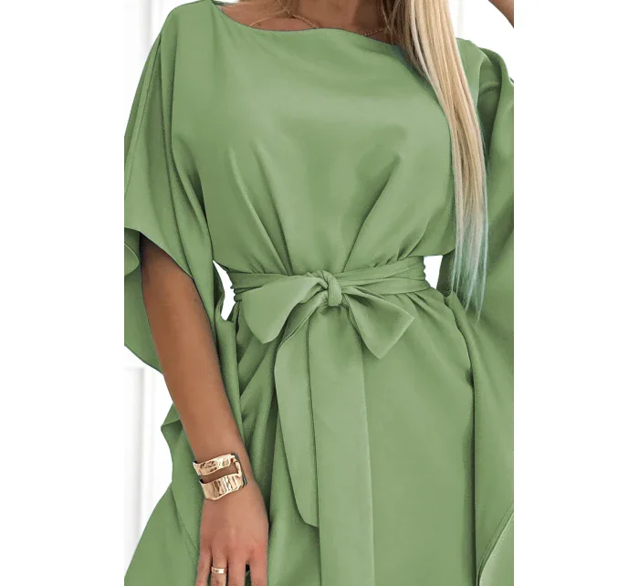 SOFIA Dámské šaty v olivové barvě se zavazováním v pase model 20144370 - numoco SOFIA Dámské šaty v olivové barvě se zavazováním v pase model 20144370 - numoco