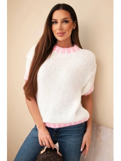 Dámsky sveter s krátkym rukávom a kontrastným lemovaním ecru