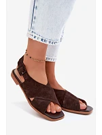 Kožené Semišové Dámské Sandály Na Ploché Podpatky D&A model 22133766 Čokoládové - S.Barski