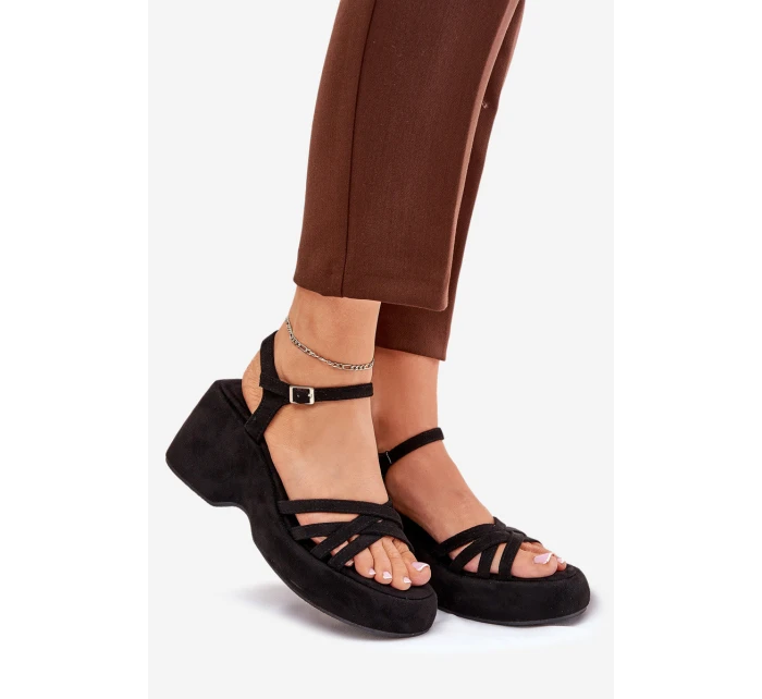 Sandały Na Platformie I Koturnie Z Eko Zamszu Czarne Nendal Sandały Na Platformie I Koturnie Z Eko Zamszu Czarne Nendal