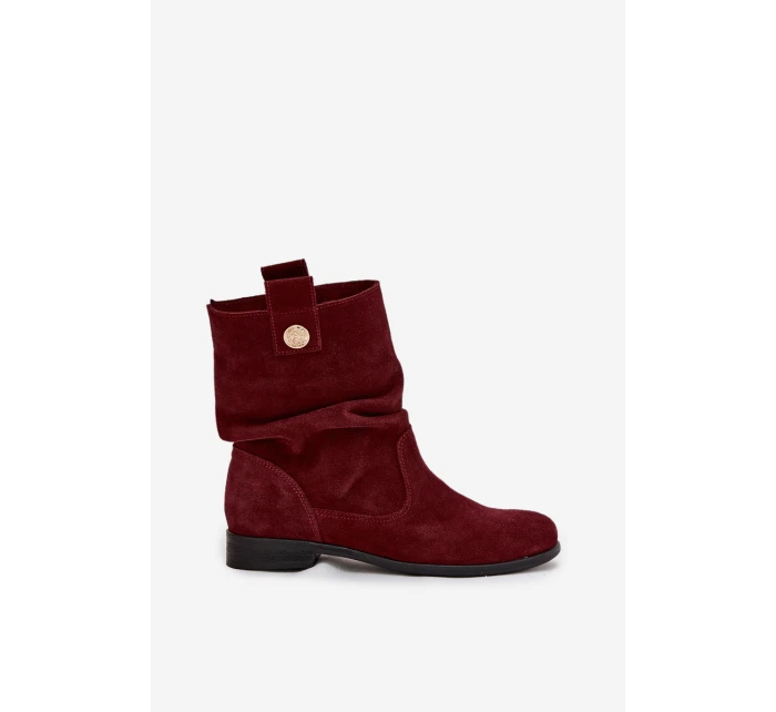 Skórzane Zamszowe Botki Damskie Z Marszczeniem Ocieplane Zazoo 4210 Bordowe