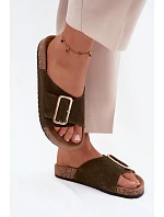 Kožené semišové dámské pantofle s přezkou tmavě zelené model 22120808 - Boto