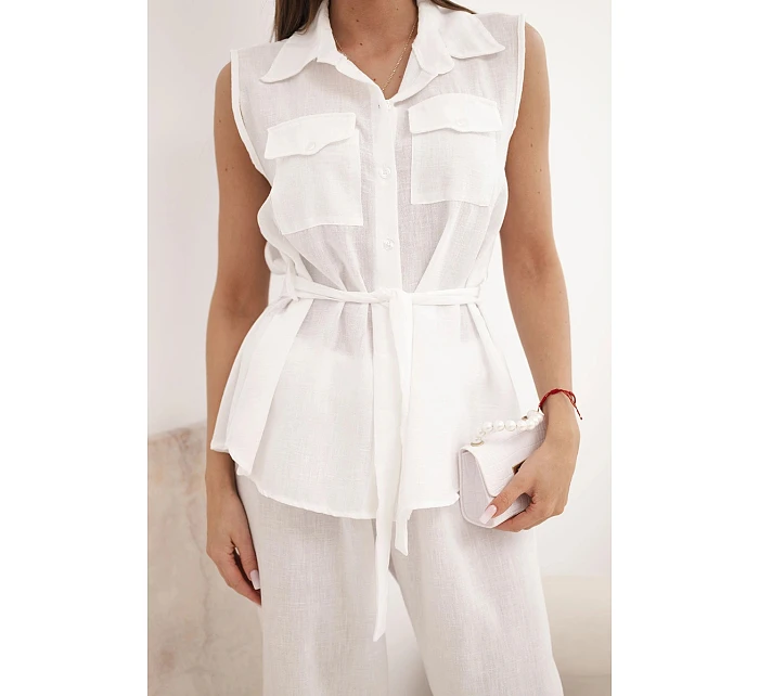 Dámský komplet s vázanou halenkou a širokými kalhotami ecru