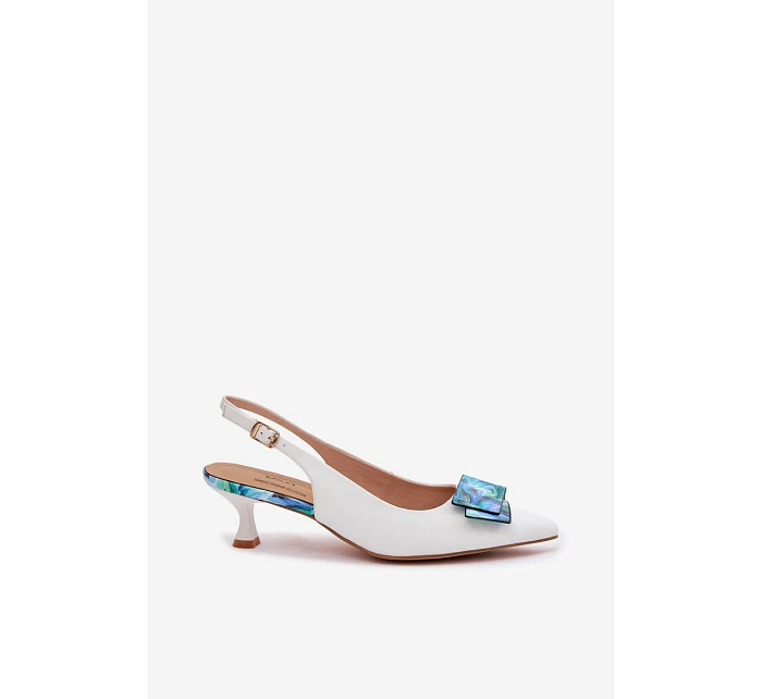 Kožené dámské lodičky na podpatku s ozdobou D&A LZ61-2006 Bílé