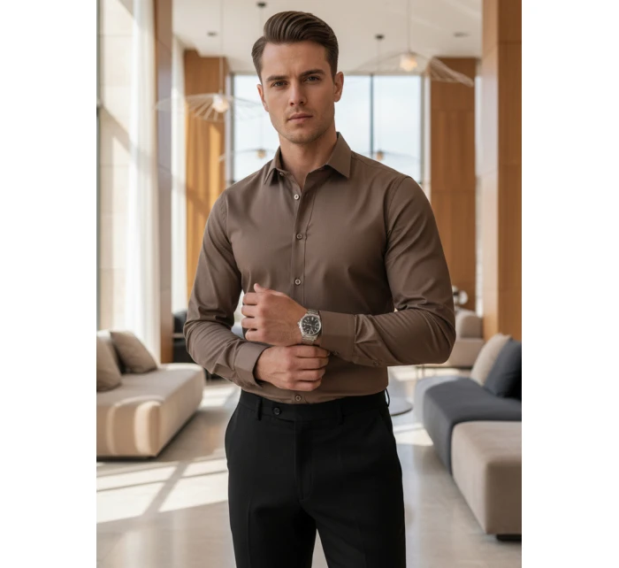 Pánska elegantná hladká hnedá košeľa REGULAR FIT FashionStreet DX2684