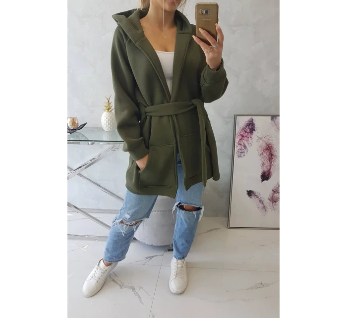 Zateplená bunda s vázáním v pase khaki barvy