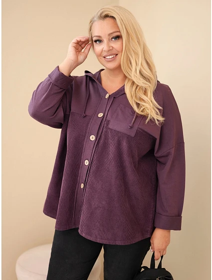 Dámská bavlněná mikina Plus Size s kapucí a knoflíky fialová tmavá