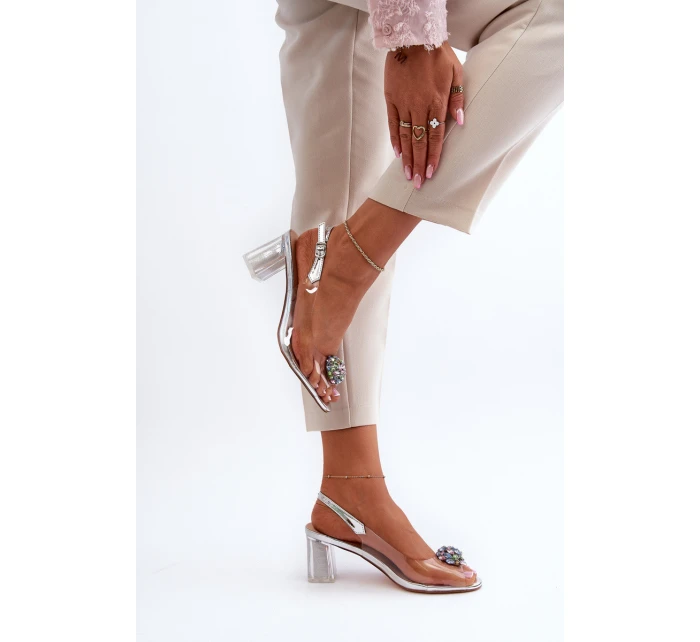 Průhledné sandály na podpatku s ozdobou stříbrné D&A model 21655900 - S.Barski Průhledné sandály na podpatku s ozdobou stříbrné D&A model 21655900 - S.Barski