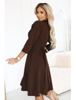 286-9 SANDY Košeľové šaty s opaskom - čokoládové