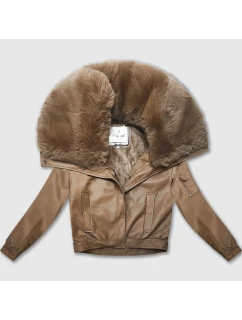 Kožená bunda s veľkým kožušinovým golierom Glakate camel (LU98090#)