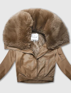 Kožená bunda ve velbloudí barvě s velkým kožešinovým límcem Glakate (LU98090#)