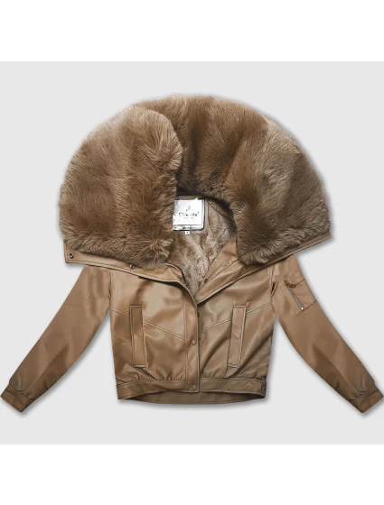 Kožená bunda s veľkým kožušinovým golierom Glakate camel (LU98090#)