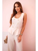 Dámská kombinéza bez rukávů s širokými nohavicemi a ozdobnými knoflíky béžový