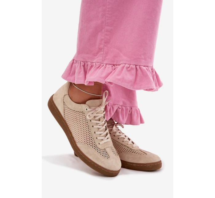 Kožené semišové dámské tenisky s síťovinou model 22027653 Béžové - Zazoo