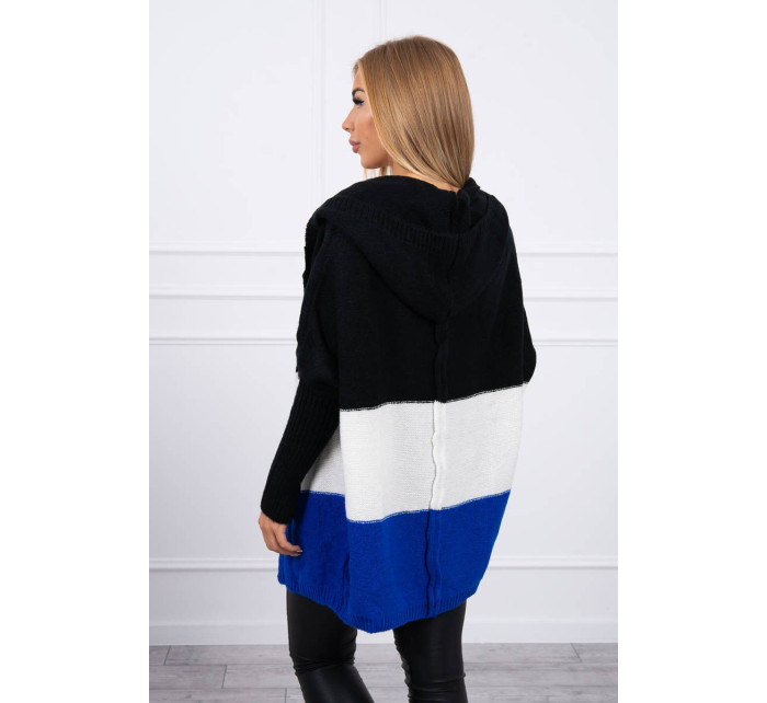 Trojfarebný sveter s kapucňou čierny+ecru+chabra