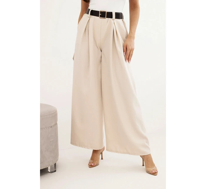 Dámske široké nohavice s opaskom svetlo béžové