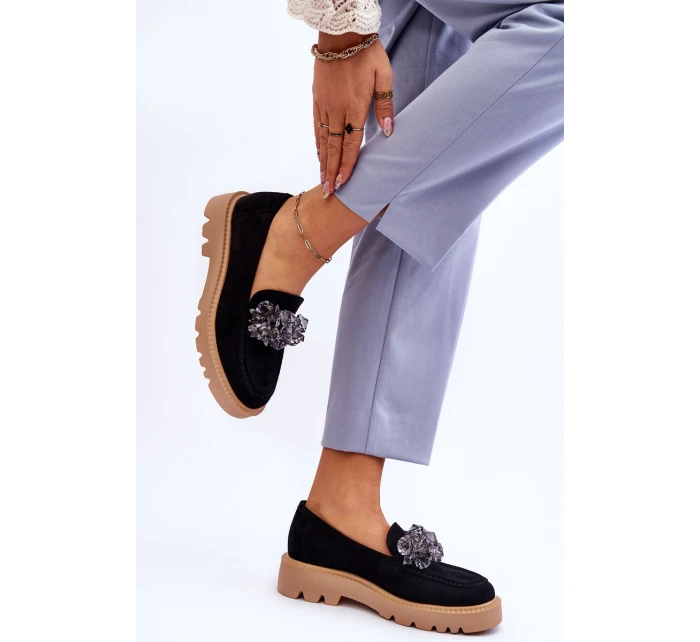 Módní semišové mokasíny s krystaly Černé model 21615397 - VINCEZA