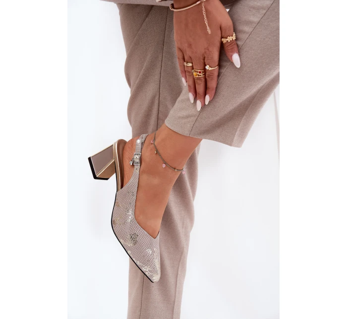 Skórzane Sandały Damskie Na Słupku Ze Szpiczastymi Noskami Vinceza 66733 Złoto-Srebrne