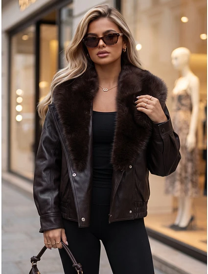 Dámska zimná kožená bunda s kožušinou, hnedá, FashionStreet TY6027