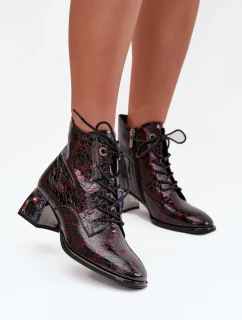 Lakierowane Botki Damskie Z Naturalnej Skóry Na Obcasie Z Kryształkami Artiker 57C0130 Bordowe