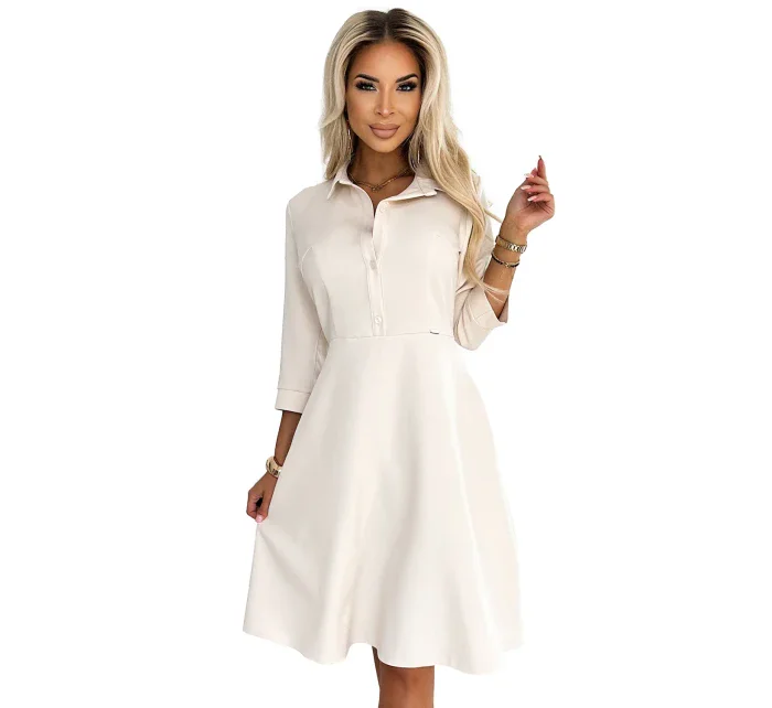 Béžové dámské rozšířené košilové šaty s páskem model 20215337 - numoco Béžové dámské rozšířené košilové šaty s páskem model 20215337 - numoco