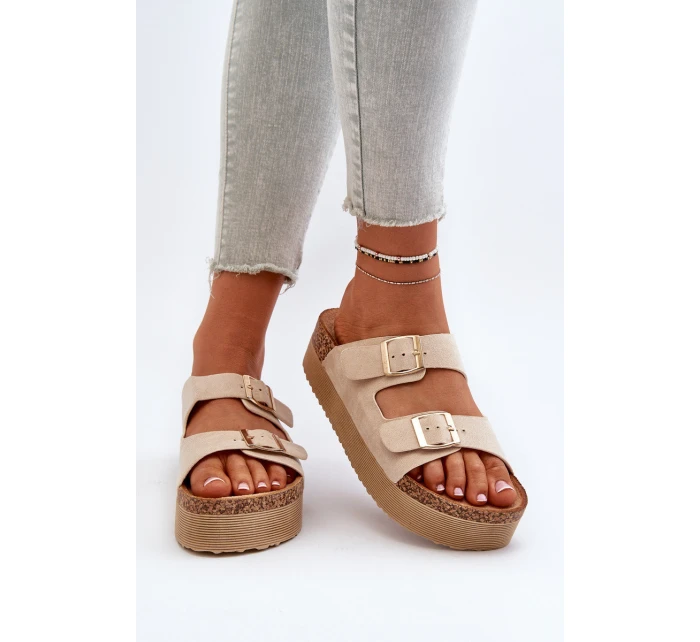 Damskie Klapki Na Platformie Z Klamrami Beżowe Lolpey