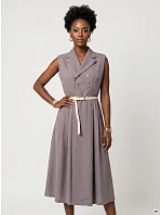 model 22214885 Elegantní midi košilka se zlatými knoflíky a páskem šedá - numoco basic
