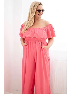 Dámský overal Plus Size s volánem a krátkým rukávem růžový