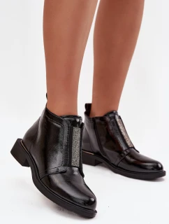 Lakierowane Ocieplane Botki Damskie Na Niskim Obcasie S.Barski HY52-506 Czarne