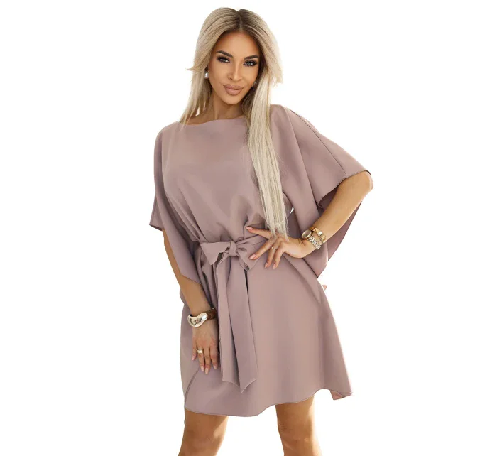 287-37 SOFIA Motýlie šaty so zaväzovaním v páse - MOCHA MOUSSE