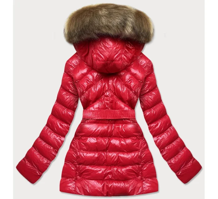 Červená lesklá zimná bunda s machovou kožušinovou podšívkou (w674)