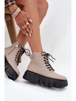 Skórzane Ocieplane Botki Damskie Na Platformie Vinceza 66803 Beżowe